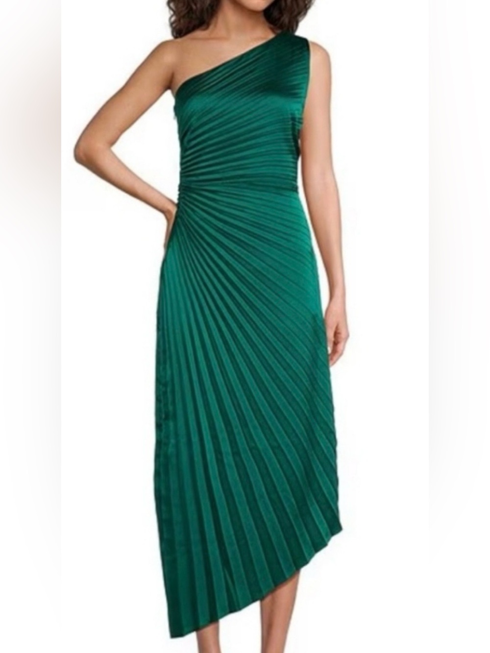 Badgley Mischka One-Shoulder Emerald Green Asymmetric Pleated Midi Dress